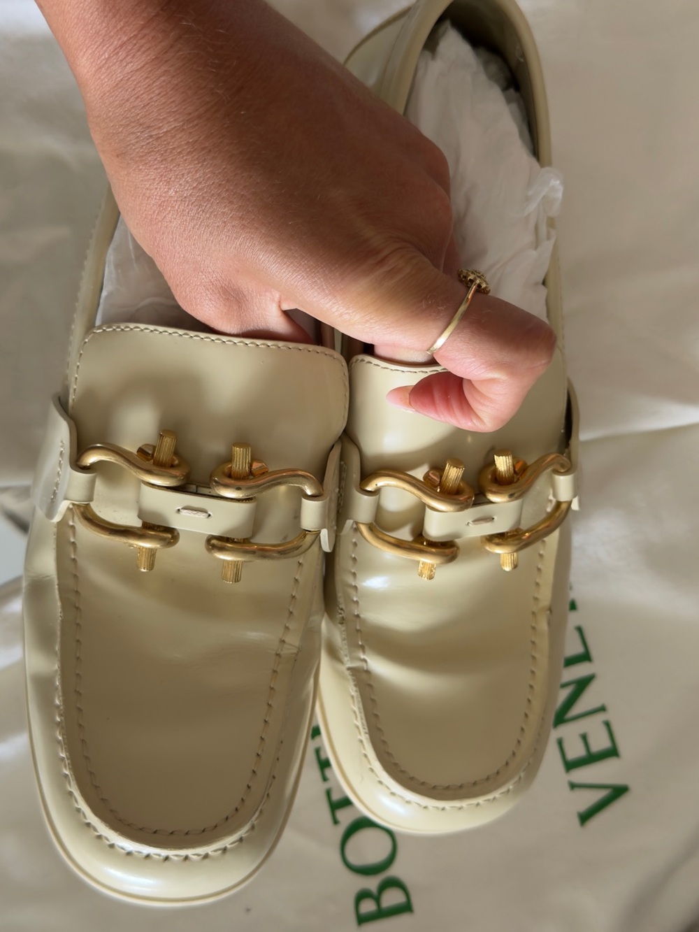 Bottega Veneta Cream Leather Loafers with Gold Hardware
